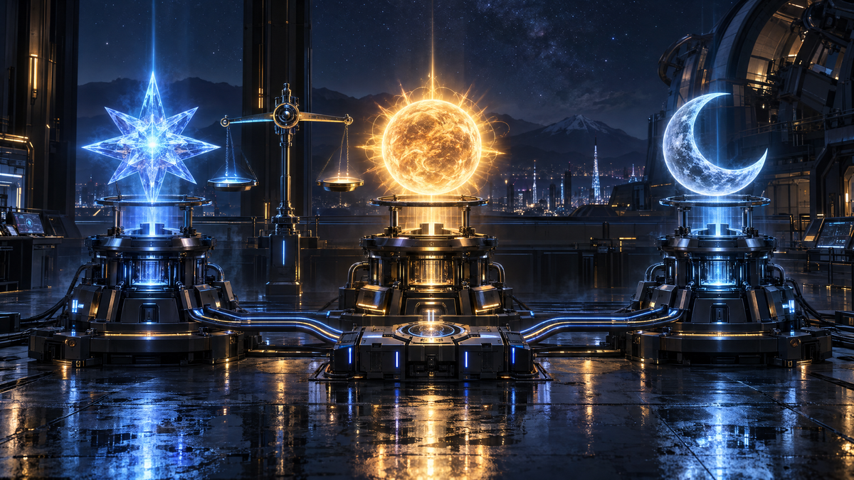 Three glowing machine cores on a wet steel floor at night: a blue star, an amber sun and a silver crescent moon, with a balance scale standing between the star and the sun