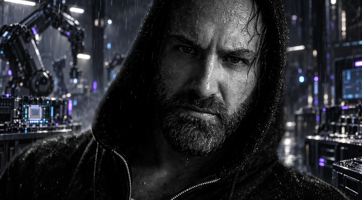 Hooded author portrait in a rain-soaked machine workshop lit in violet and blue