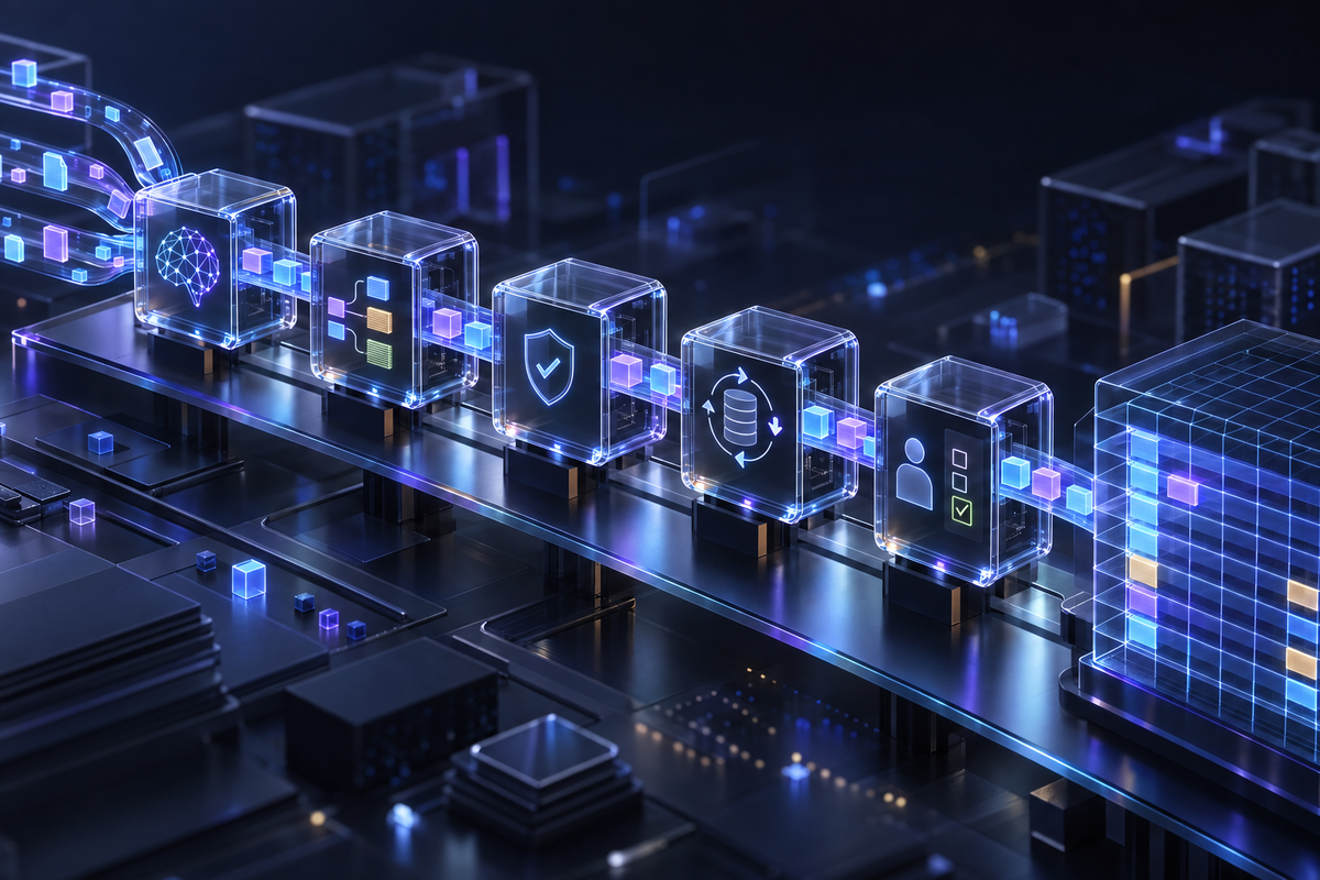 Translucent modules carry transaction data through validation gates into a structured ledger.