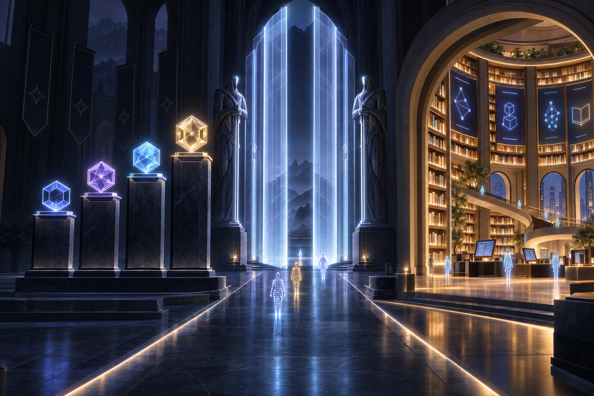 Four glowing geometric medallions on rising pedestals beside a tall gate of light, with an open archway into a bright library where abstract figures of light walk in