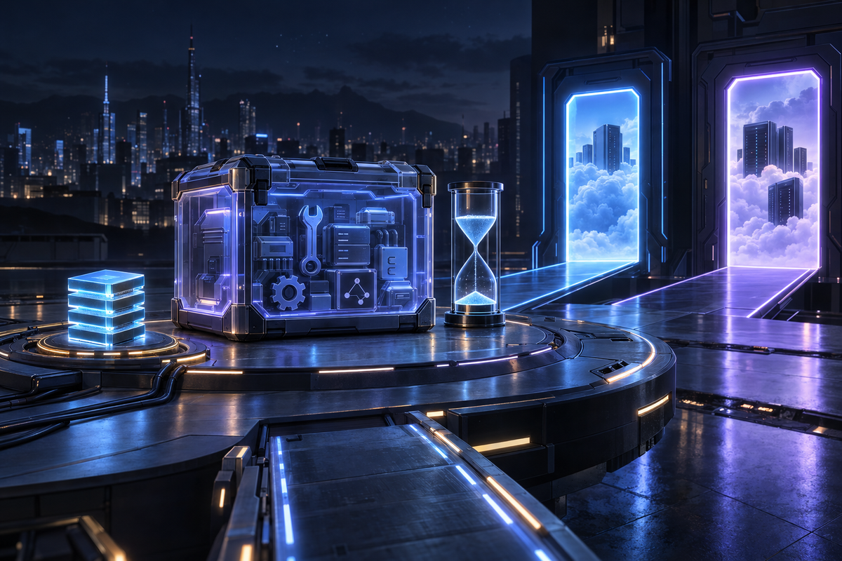 A small stack of glowing credit chips beside a larger translucent toolkit crate, an hourglass and two glowing doorways to cloud cities on a night platform.