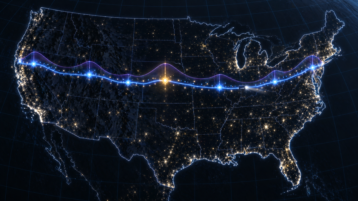 The continental United States at night: a glowing blue highway runs coast to coast through seven bright stops, the brightest in amber on the Great Plains.