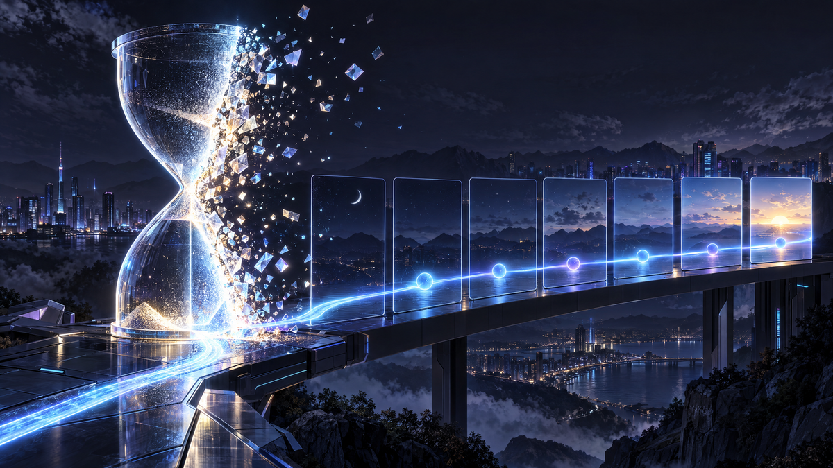 A glass hourglass shatters into glowing shards while a blue line of light runs on past it through seven glass panels, from moonlit night to sunrise, above a city.