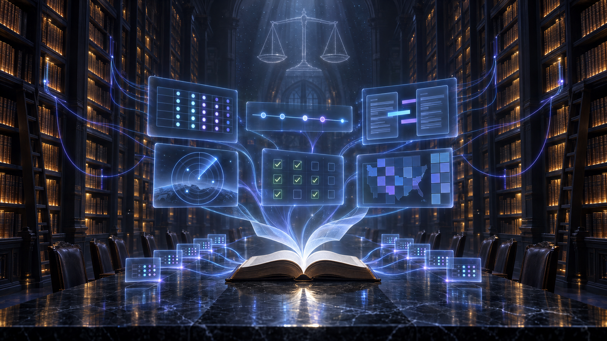 A dark law library: an open book on a stone table unfolds into floating glass legal tools, a tracker, a timeline, a document comparison, a radar, a checklist, with copies sent to every seat.