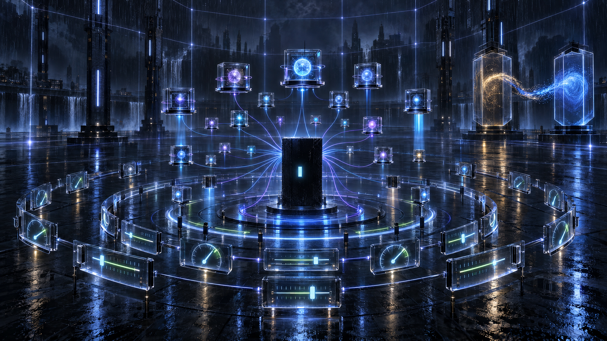 A rain-soaked hall: a black slab with one glowing cursor sends blue threads to tiers of glass modules, ringed by gauges and sliders, as light flows from an amber cell to a blue one.