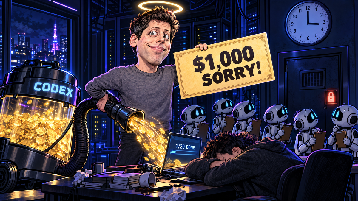 Satirical cartoon: a haloed Sam Altman caricature holds a $1,000 SORRY! cheque while a CODEX vacuum sucks coins from a sleeping developer's laptop; robots stare at a locked door.