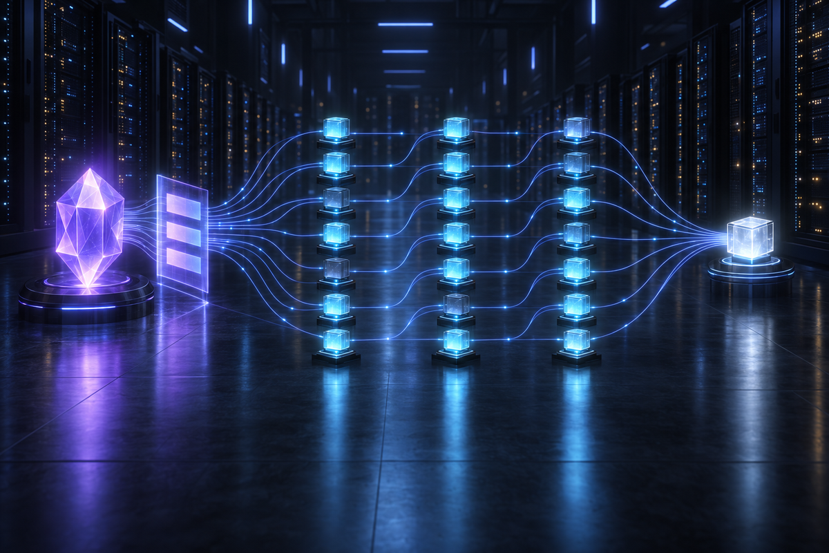 A violet crystal and a three-band plan panel send blue light paths through three columns of glowing cyan cubes in a dark server hall into one white cube.