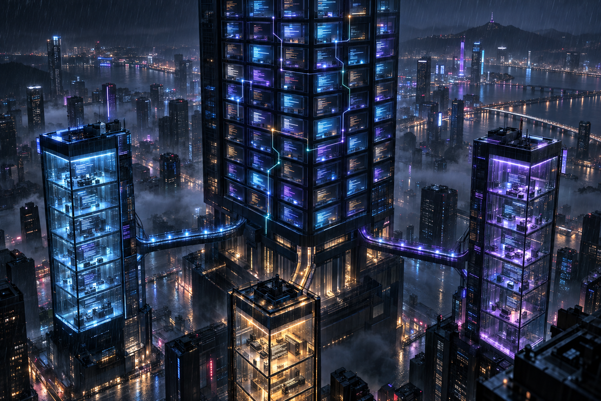 A rain-soaked cyberpunk city at night: a central tower of glowing terminal panes linked by neon wires, with three glass towers branching from its base on lit skybridges.