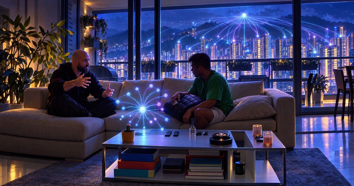Two men talk on a sofa in a night-lit apartment; beside one man's gesturing hands a glowing node bursts into light paths, and light trails fan out from one point over the skyline.