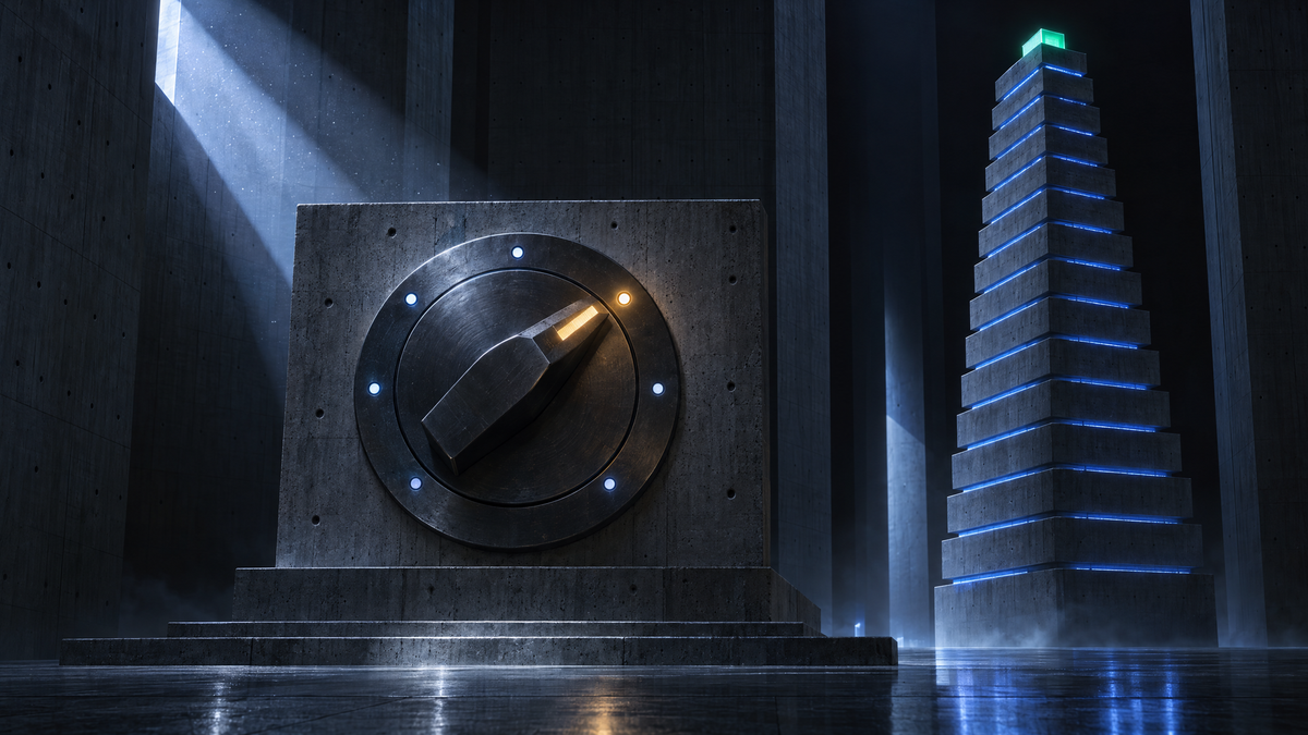 A steel rotary selector set into a concrete plinth, its pointer lit amber, beside a tower of stacked concrete slabs edged in blue light in a dark brutalist hall.