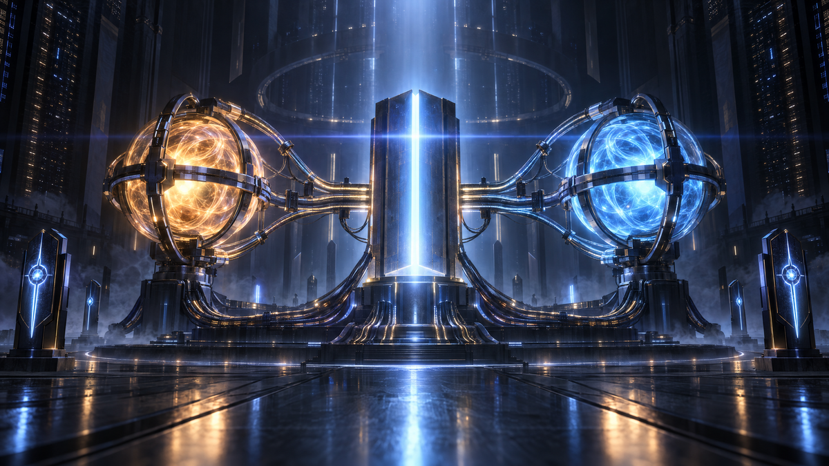 Two glowing AI cores, one amber and one cyan, caged in metal rings and cabled to a central monolith of light in a dark, cathedral-like server hall.