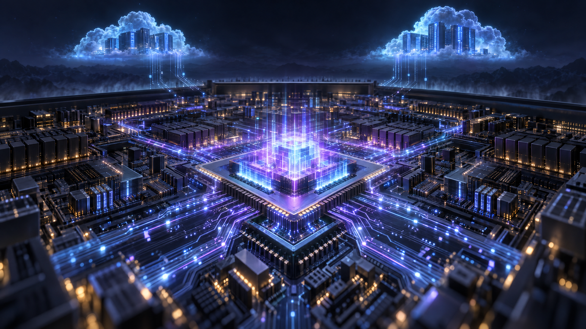 A glowing violet cube rises from a processor at the center of a circuit-board city at night, while two cloud cities above it send thin beams of light down to the chip.