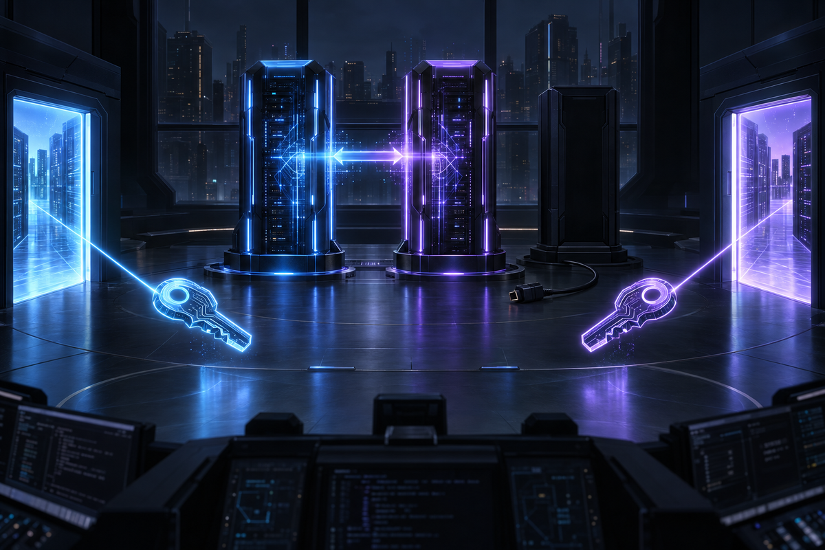 Two glowing AI server towers linked by a light bridge, an empty third pedestal with an unplugged cable, and two keys tethered to separate doors.
