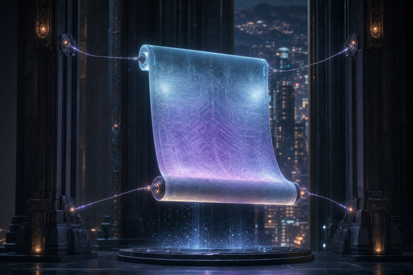 Glowing constitutional document suspended in a dark architectural chamber — cyberpunk Medellin aesthetic