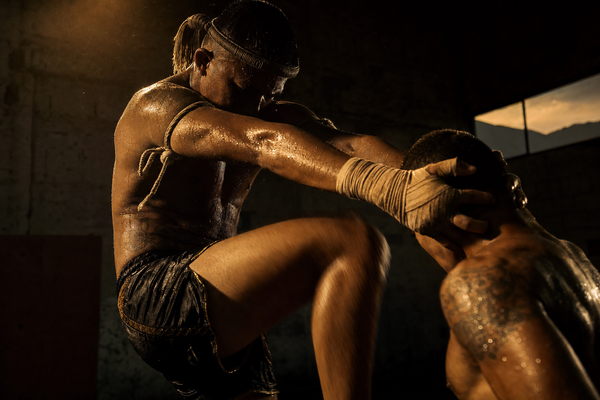 Luchador de Muay Thai en clinch dramático bajo luz ámbar — fotografía editorial cinematográfica
