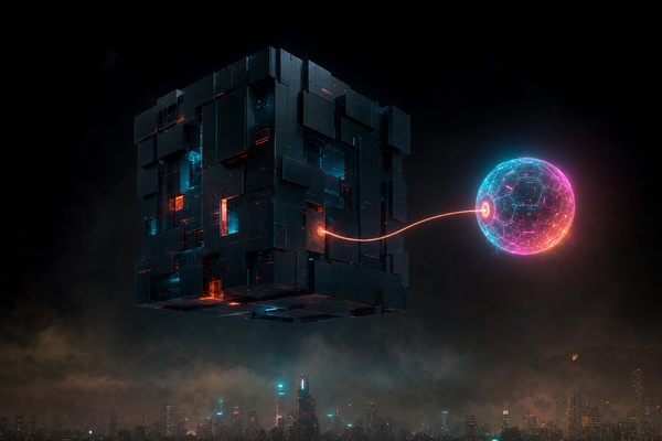 Luminous data-orb tethered just outside a dark architectural cube — cyberpunk Medellín aesthetic