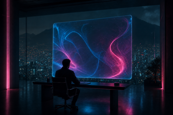A lone operator in deep work at a single sleek glowing workstation, Blade Runner Medellín cyberpunk aesthetic — the visual answer to AI-native focus