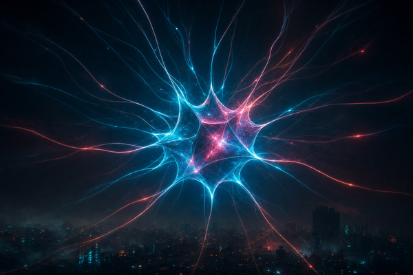 Cinematic luminous knowledge-base core radiating delicate light-threads outward into Blade Runner cyberpunk darkness — the visual answer to AI-native infrastructure before it has a UI