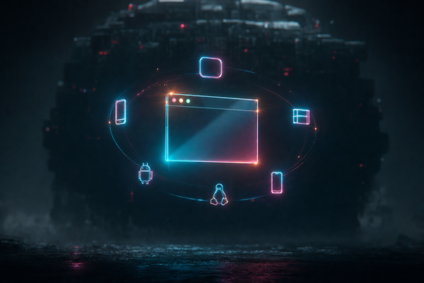 A single luminous crystalline desktop application window floating in cyberpunk darkness, surrounded by abstract platform glyphs, with a shadowy bloated mass behind it