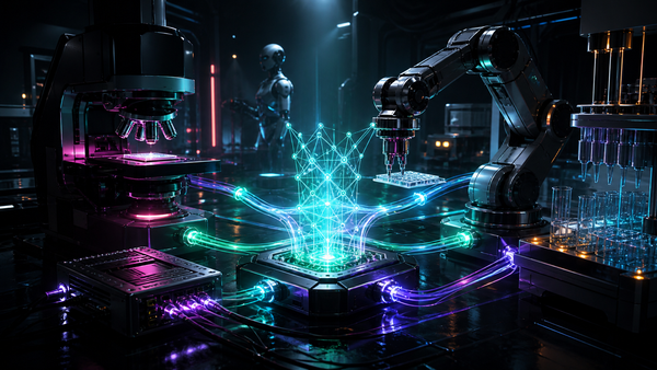 A glowing AI control lattice connects a microscope, robotic arm, liquid handler and humanoid robot in a dark cyberpunk laboratory.