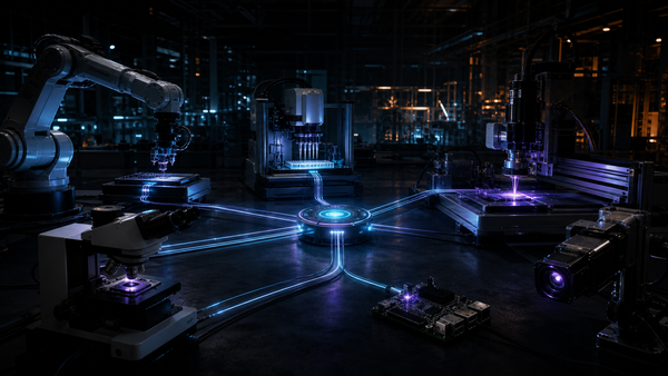 A shared luminous AI control hub connects a robotic arm, microscope, liquid handler, laser system, camera and single-board computer in a dark laboratory.