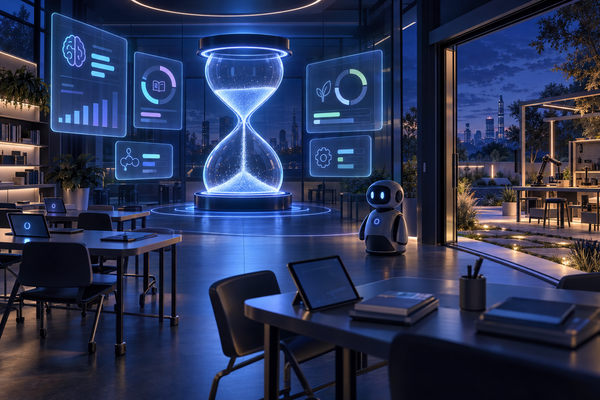 A night-time classroom with empty desks and tablets, a glowing hourglass at the center, floating progress dashboards, a small robot and an open door to an outdoor workshop