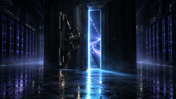 A steel vault door stands ajar in a dark data center; blue light spills through the gap, where streaks of light race along a curving track between rows of glowing server racks