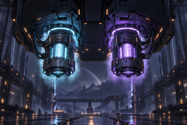 Two compact industrial cores docking into a dark terminal chassis in a hangar — AI