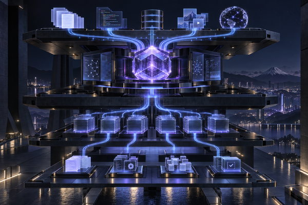 Layered compute modules and linked information panels form a technical knowledge workflow.