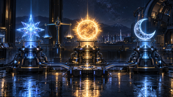 Three glowing machine cores on a wet steel floor at night: a blue star, an amber sun and a silver crescent moon, with a balance scale standing between the star and the sun