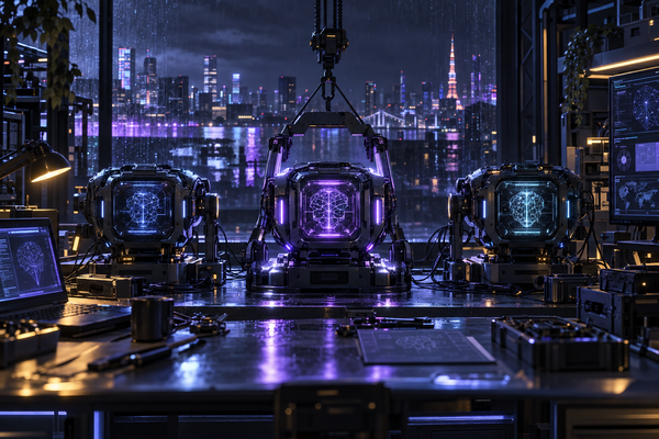 Three glowing machine cores on a rain-soaked workbench at night, the centre one being hoisted into place, lit in violet and blue