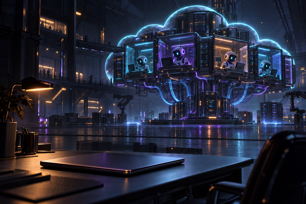A closed laptop on a dark desk while a cloud chassis of screens keeps working — AI