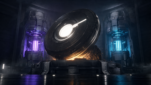 A massive black engine with a bright white core joins violet and cyan engines in a dark industrial hall.