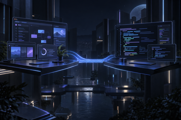 Graphical interface panels and terminal lines connected by a blue light bridge.