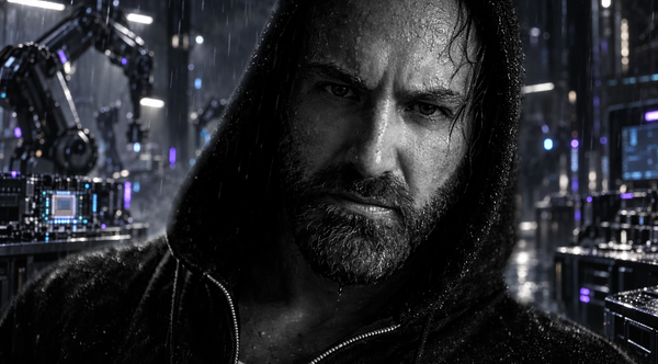 Hooded author portrait in a rain-soaked machine workshop lit in violet and blue