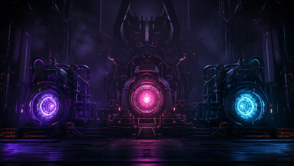 Three industrial engine cores in violet, pink and cyan on a black factory floor.
