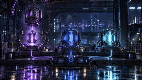 Three glowing machine cores on a steel rack in a night workshop; the violet one is mid-swap, a heavy core lifted out on chains above a smaller, brighter core seated in its socket