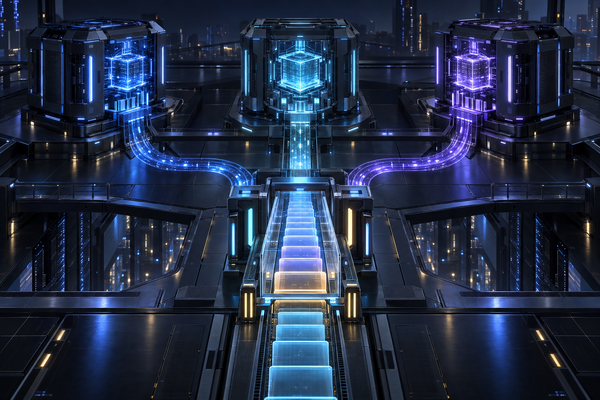 Three illuminated compute engines feed a shared work queue.