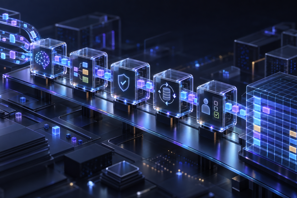 Translucent modules carry transaction data through validation gates into a structured ledger.