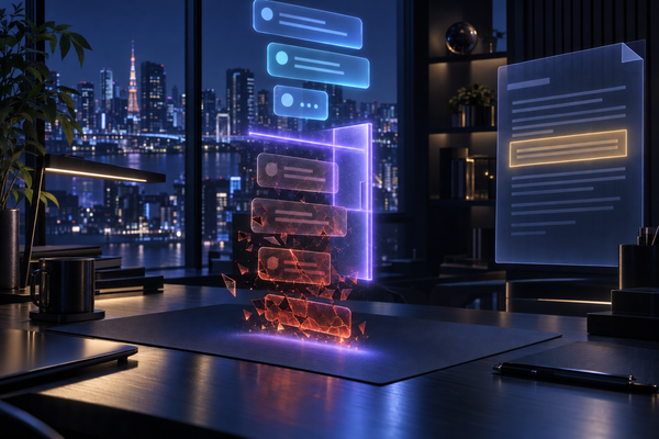 Chat cards over a night-city desk: calm blue ones above, cracked red ones sealed off by a violet glass door, beside a policy page with one highlighted line.