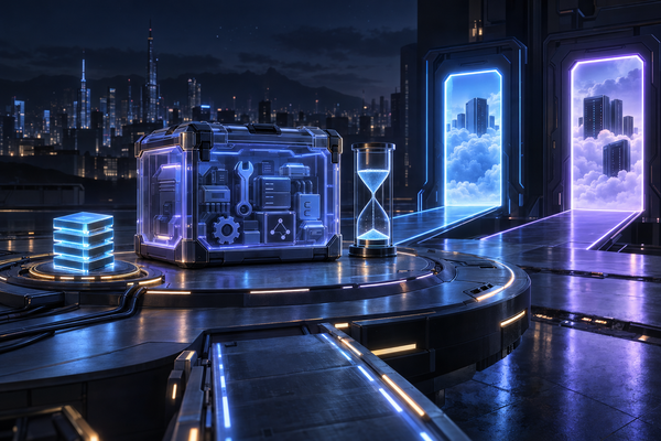 A small stack of glowing credit chips beside a larger translucent toolkit crate, an hourglass and two glowing doorways to cloud cities on a night platform.