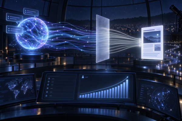 Abstract AI assistant orb sending threads of light through a frosted veil to a glowing article page, above an analytics dashboard with an empty source list and a rising bar chart