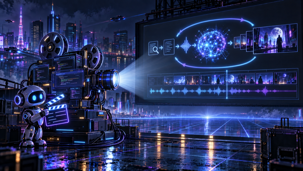 A small robot with a glowing clapperboard beside a projector made of terminal windows, projecting an AI video pipeline onto a giant screen in a neon city.