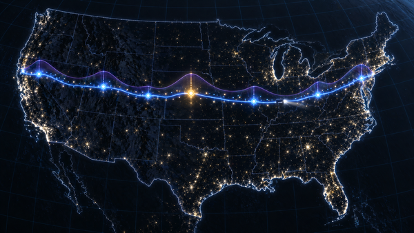 The continental United States at night: a glowing blue highway runs coast to coast through seven bright stops, the brightest in amber on the Great Plains.