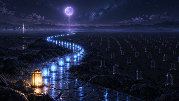 A path of glowing blue lanterns, the nearest one lit amber, curves past a vast field of unlit lanterns under a violet orb that sends threads of light down to the path.
