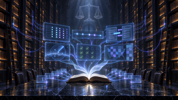 A dark law library: an open book on a stone table unfolds into floating glass legal tools, a tracker, a timeline, a document comparison, a radar, a checklist, with copies sent to every seat.