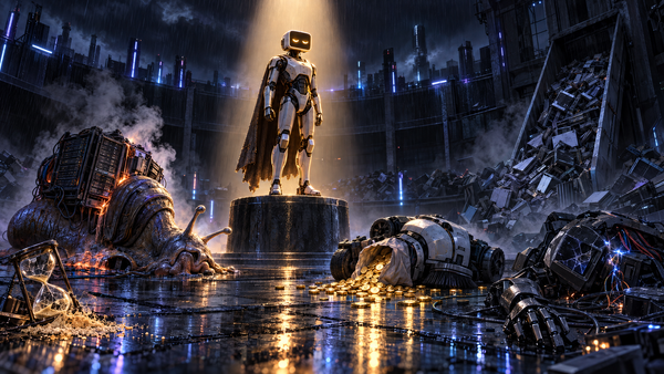 A lone caped robot under a spotlight in a rainy arena, beside a melting server-snail with a cracked hourglass, a burst coin vacuum and a smashed black robot.