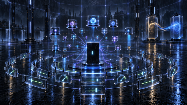 A rain-soaked hall: a black slab with one glowing cursor sends blue threads to tiers of glass modules, ringed by gauges and sliders, as light flows from an amber cell to a blue one.