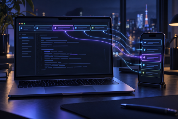 A laptop on a dark desk shows a terminal with five glowing tabs; thin blue and violet threads run from each tab to a matching card on a phone beside it, one pair highlighted in violet.