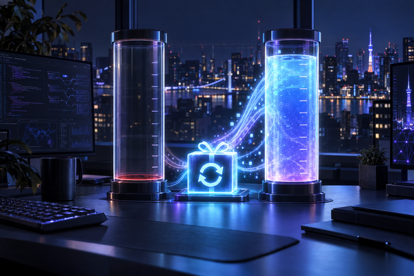 Two drained translucent usage gauges refilling with light beside a small glowing gift box holding a circular refresh arrow, on a night-city desk.